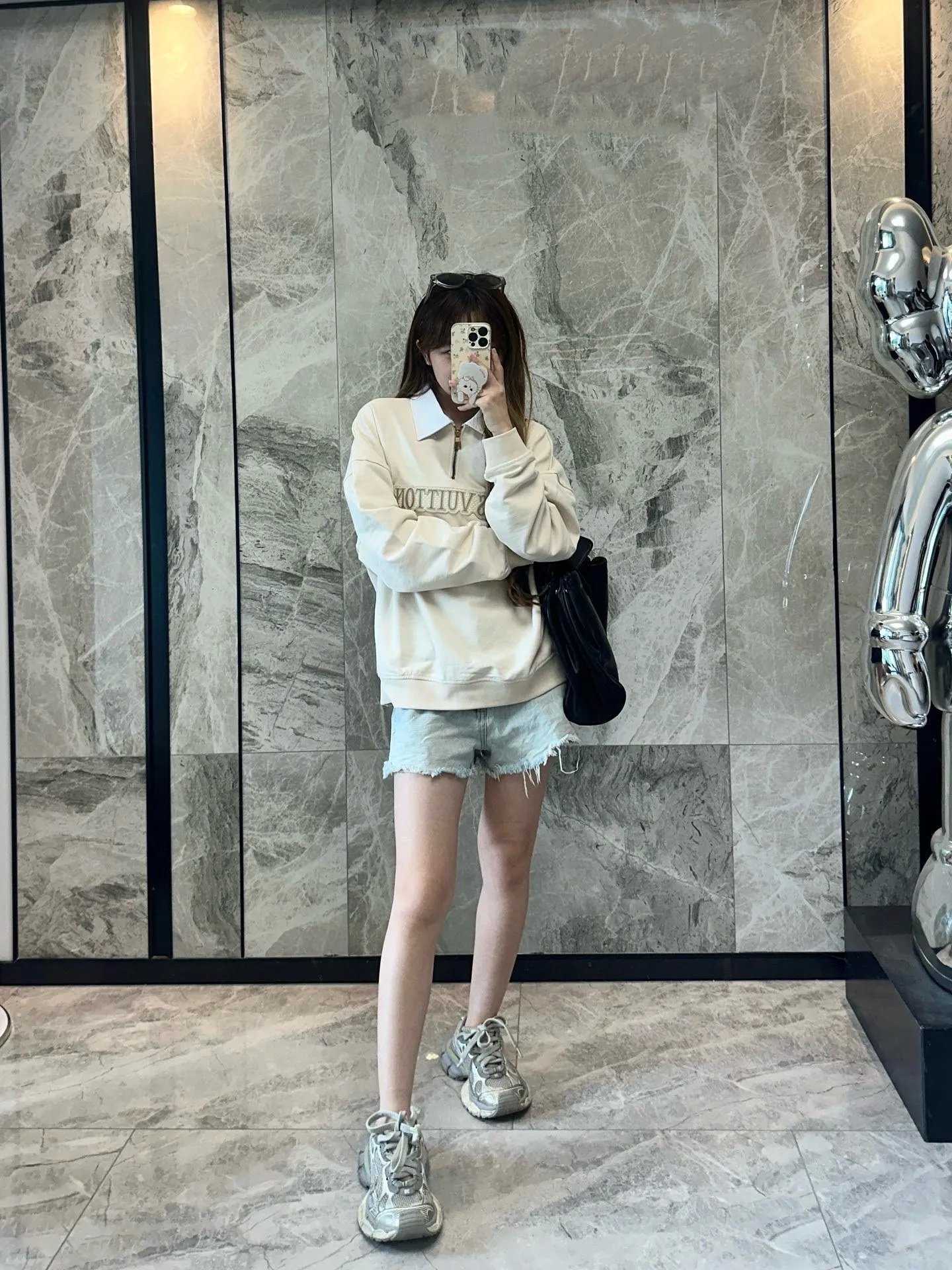 Louis Vuitton/Louis Vuitton 25Fw letter embroidered white lapel half-zip sweatshirt